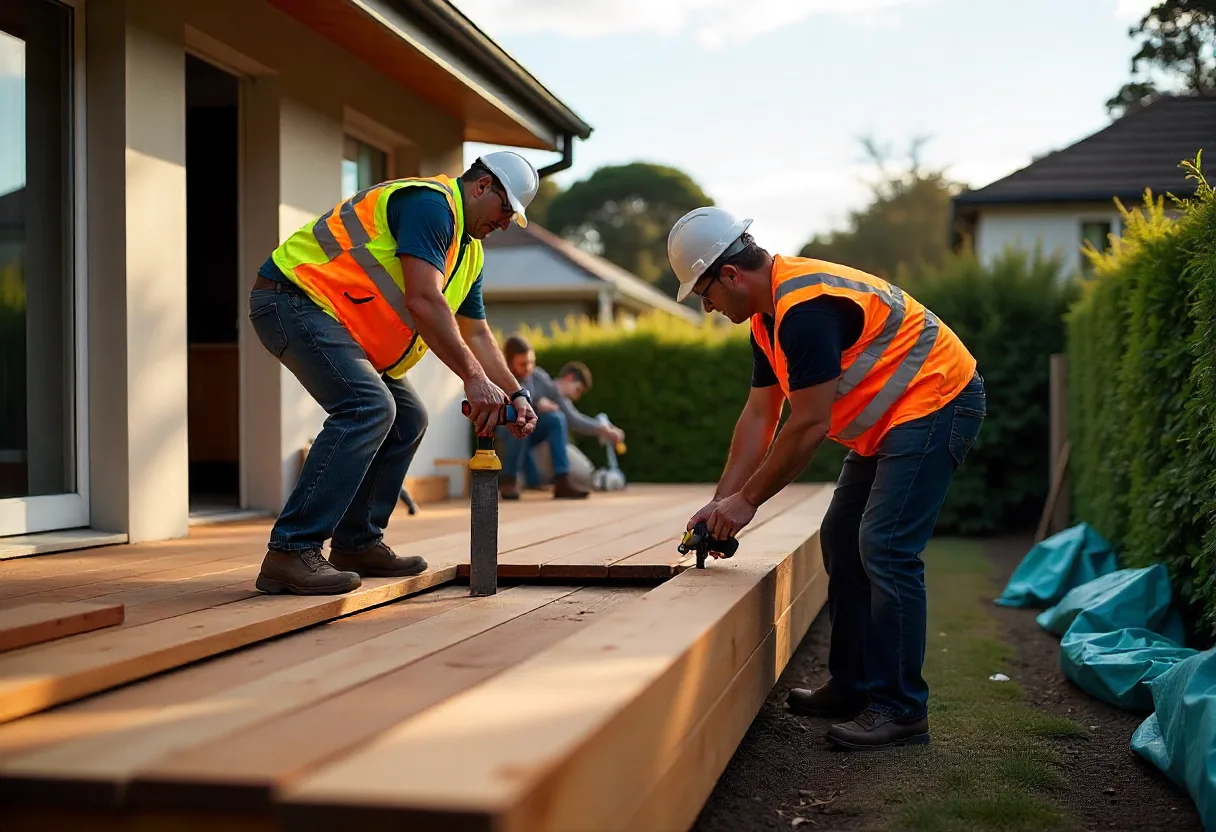 Two construction workers in high-vis gear building a new timber deck