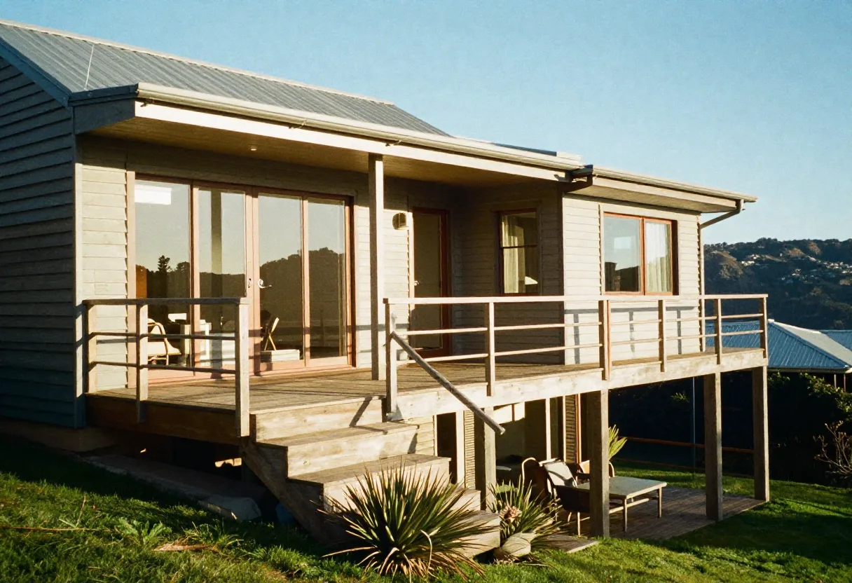 Elevated timber deck on a raised weatherboard home with a hillside view
