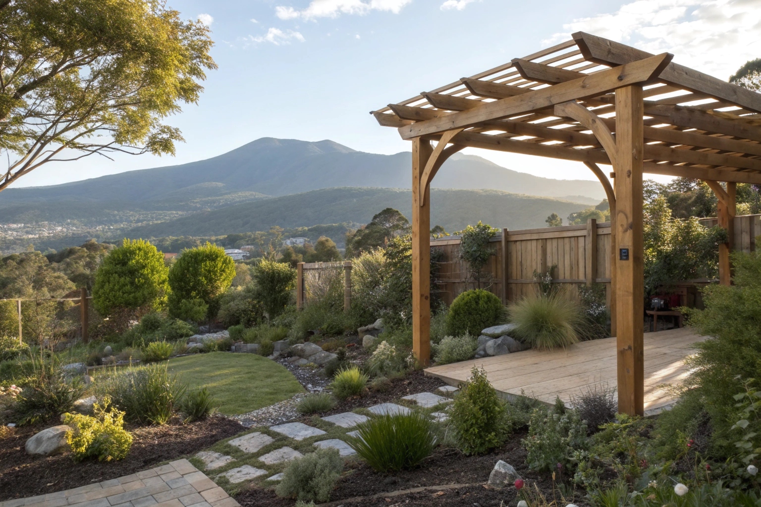A beautiful timber pergola in a Hobart backyard