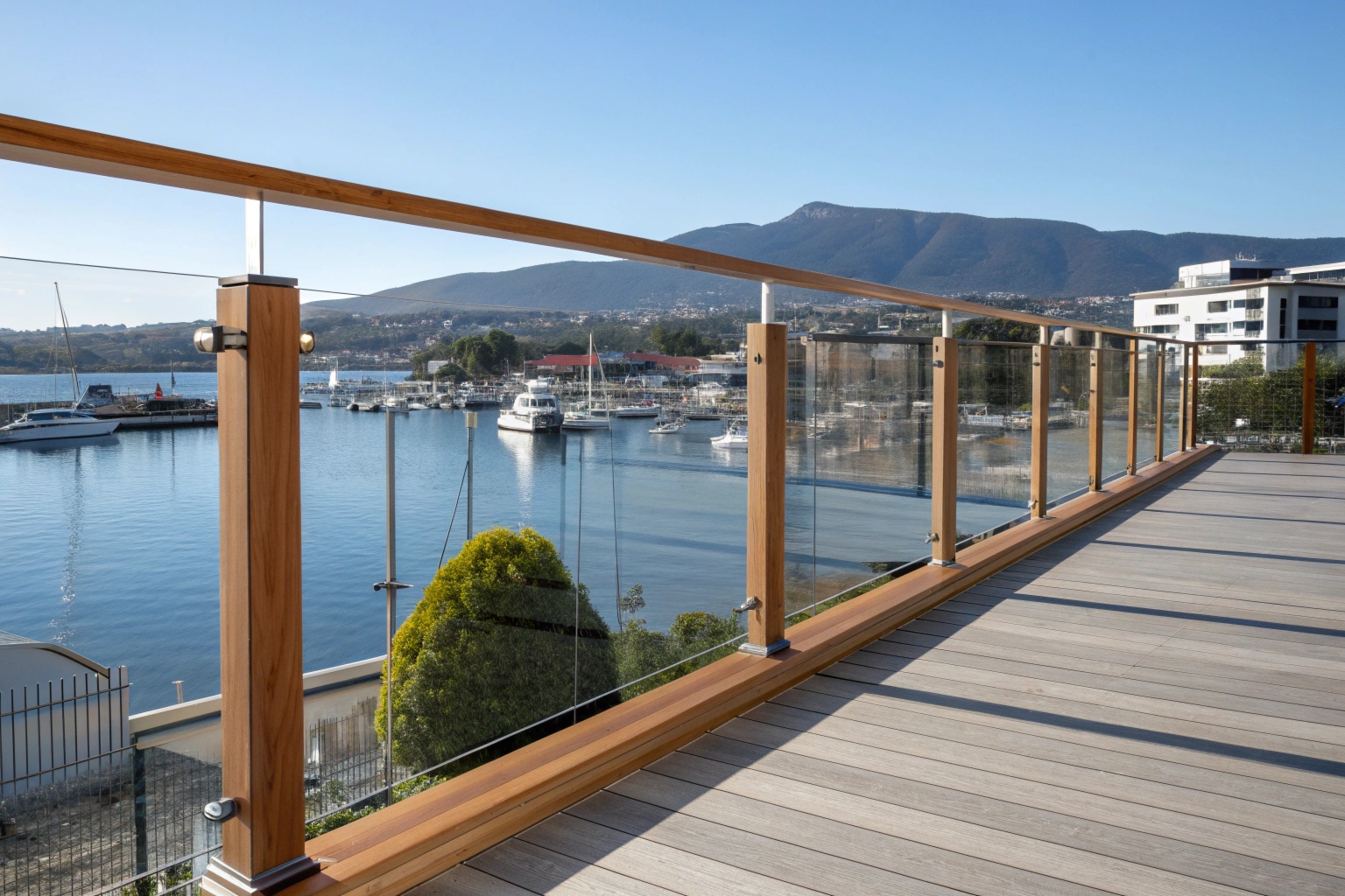 Quality timber balustrade on Hobart waterfront deck with mountain views
