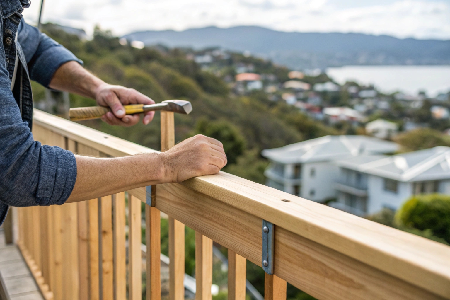 Carpenter installing timber handrail on Hobart deck with quality craftsmanship