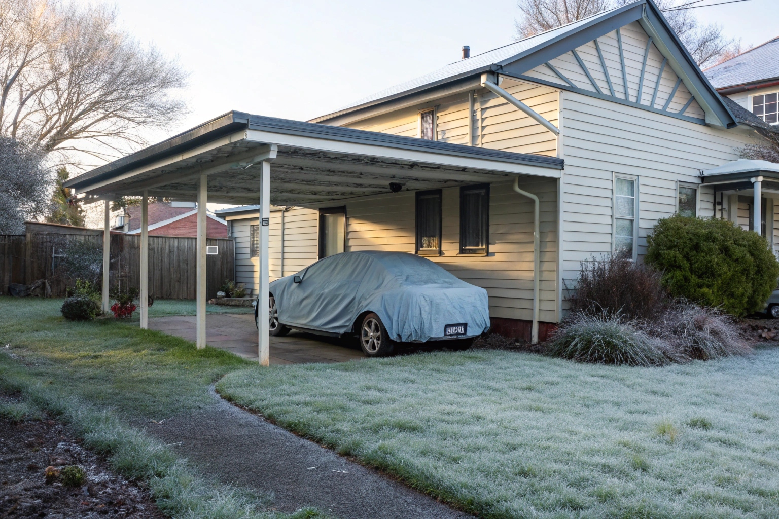 Wide single carport attached to a weatherboard home in Hobart