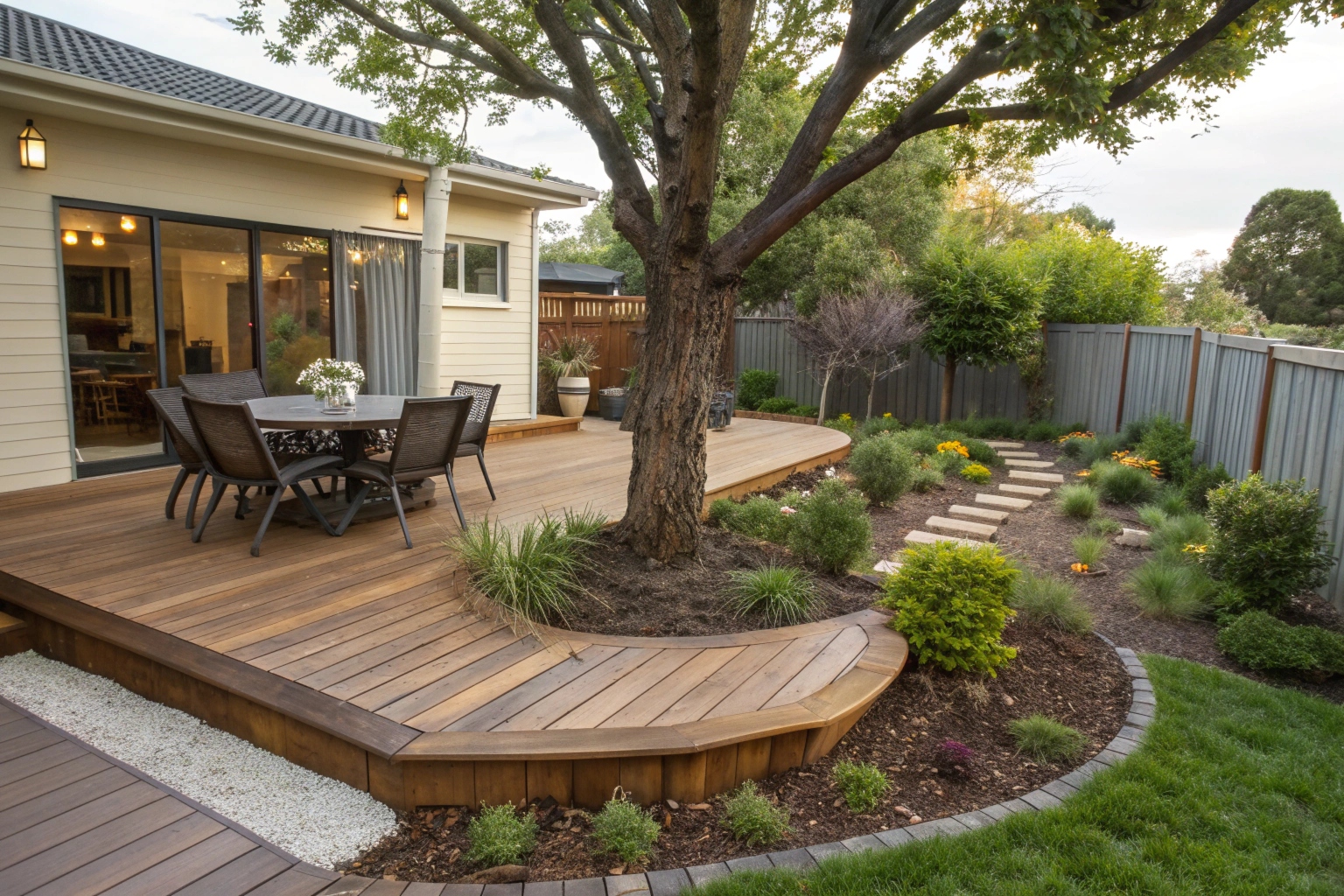 Wraparound ground-level deck design flowing through garden in Hobart