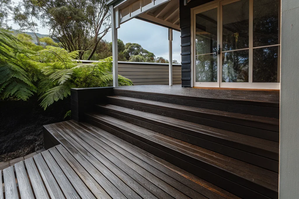 Dark-stained timber deck with steps leading up to a home surrounded by ferns