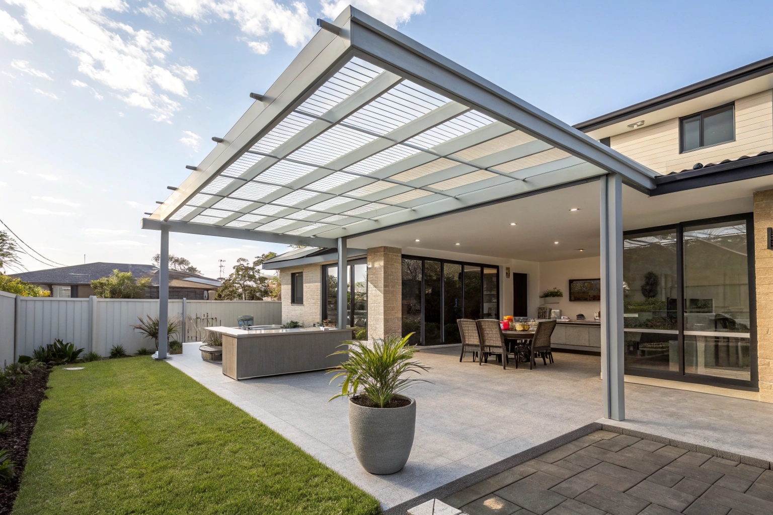 Aluminium pergola with polycarbonate roofing cover