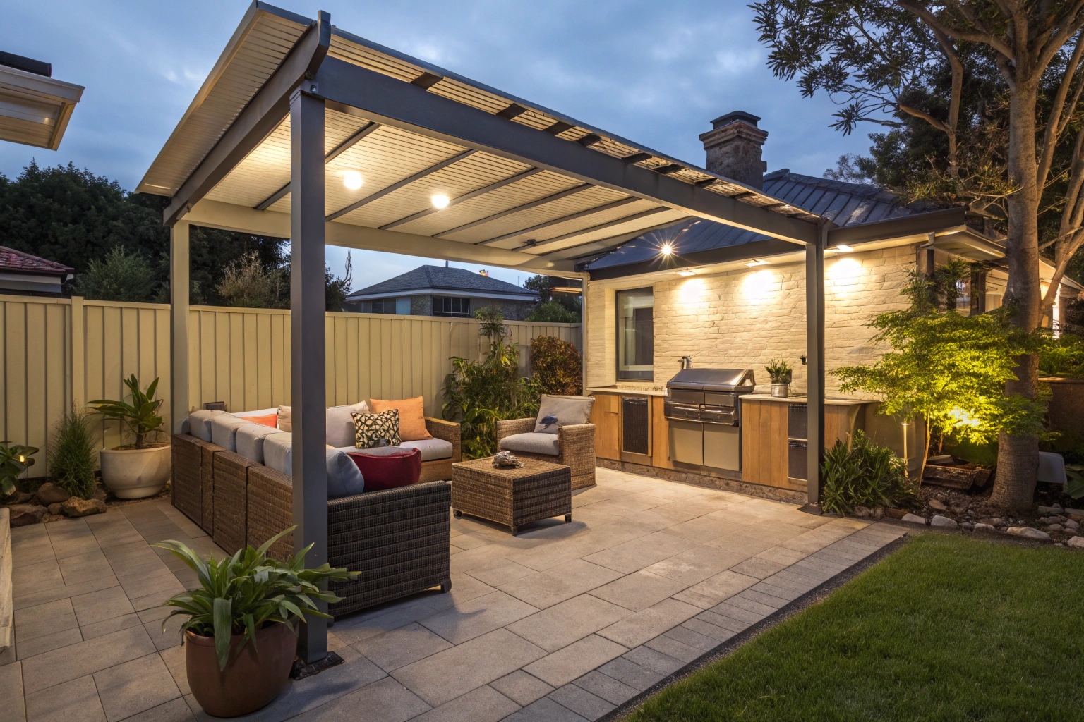 outdoor living area under a pergola with comfortable furniture and barbecue