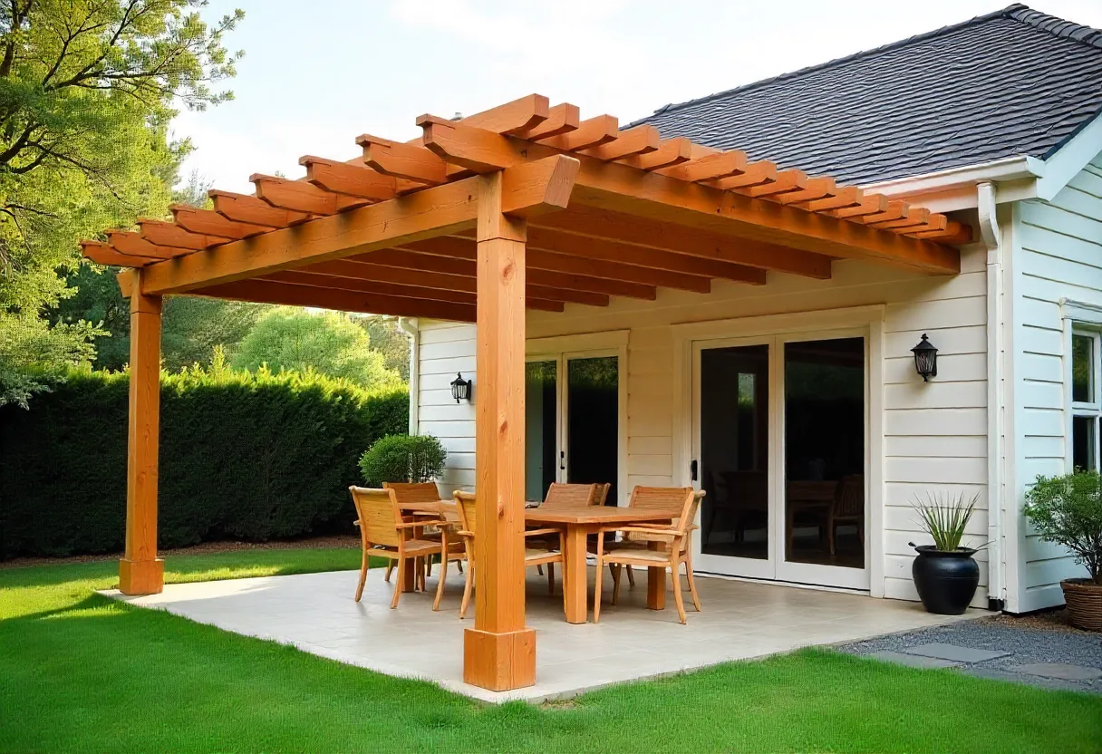 Timber pergola with an outdoor dining table attached to a weatherboard home