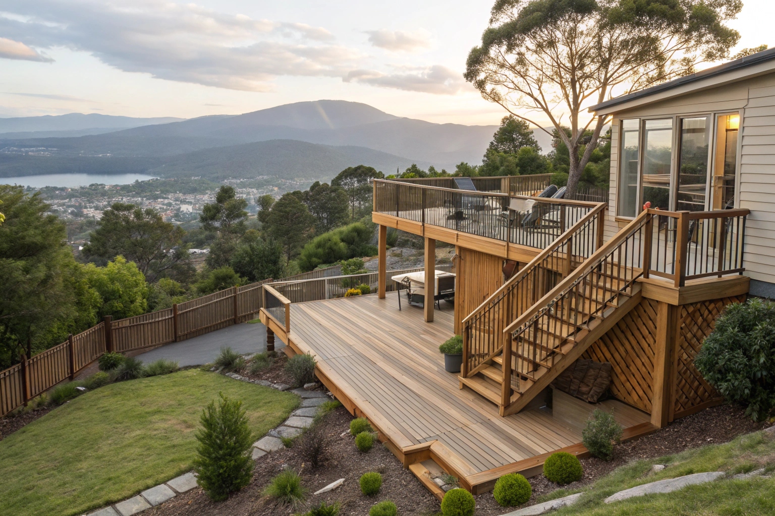 Multi-level deck built on sloped block in Hobart with mountain views