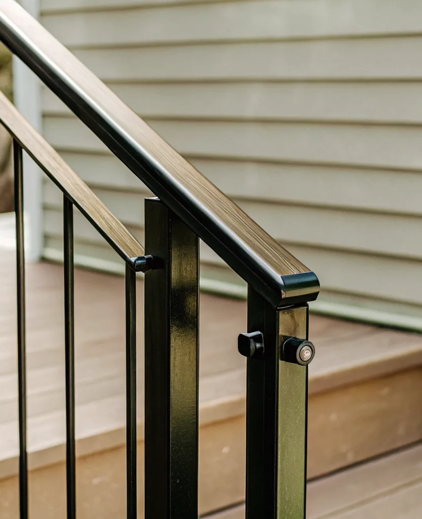 Close-up of a black aluminium balustrade post and handrail on a deck staircase