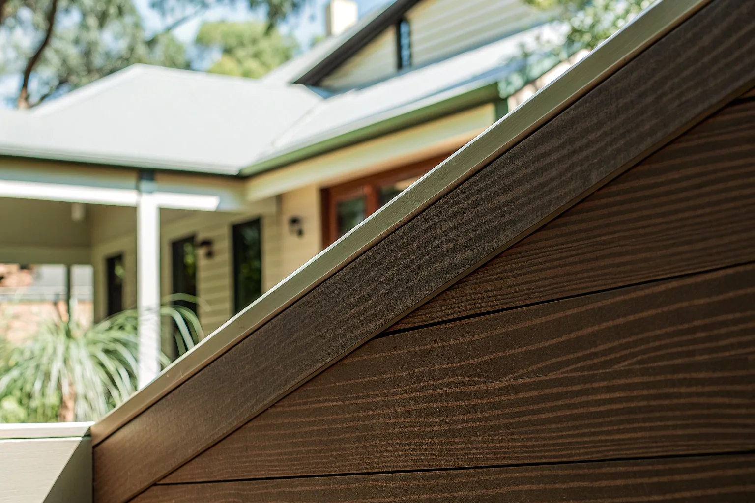Close-up of dark brown composite decking boards on a staircase, home in background