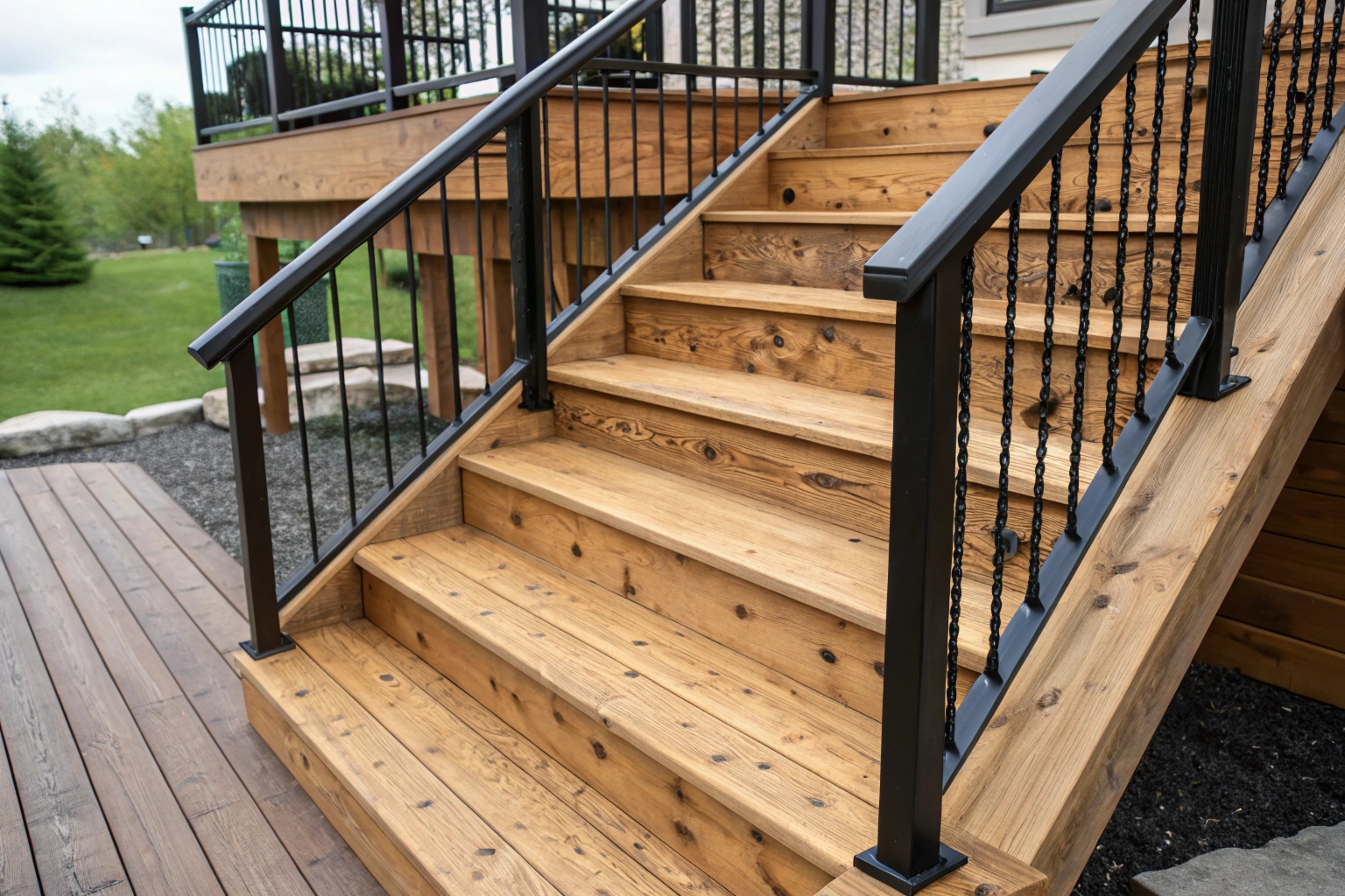 Close-up view of restored timber deck stairs