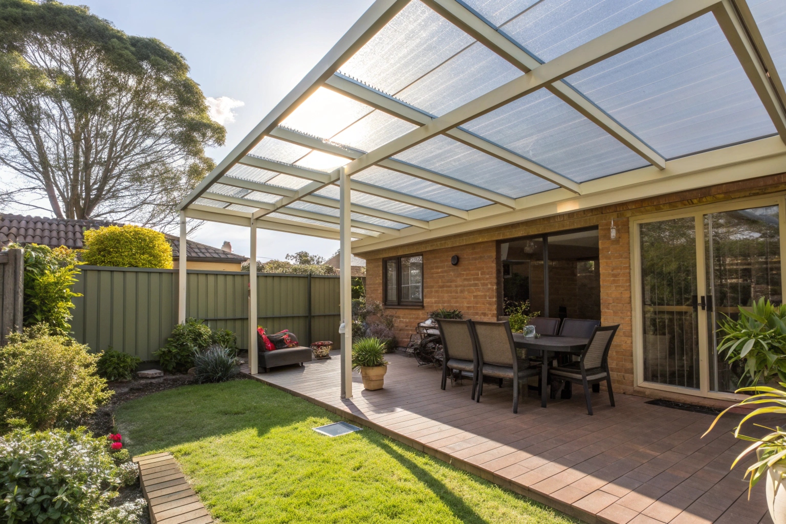 Completed patio enclosure with transparent polycarbonate roofing