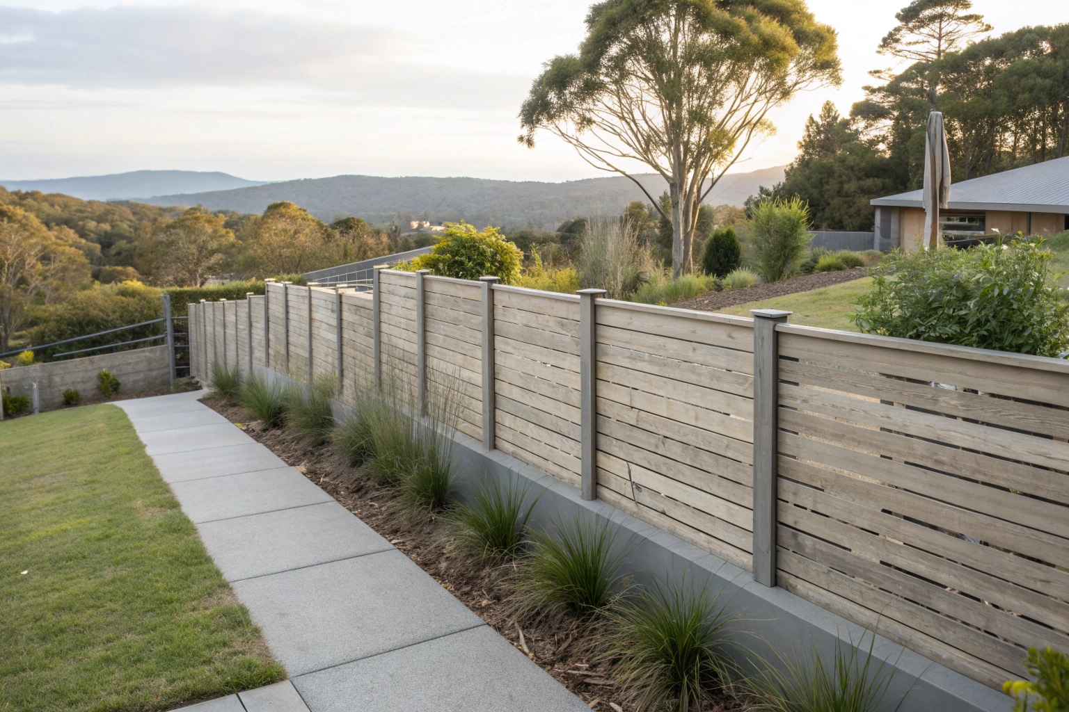 horizontal timber fence with natural weathered grey finish, Tasmanian landscape with native vegetation