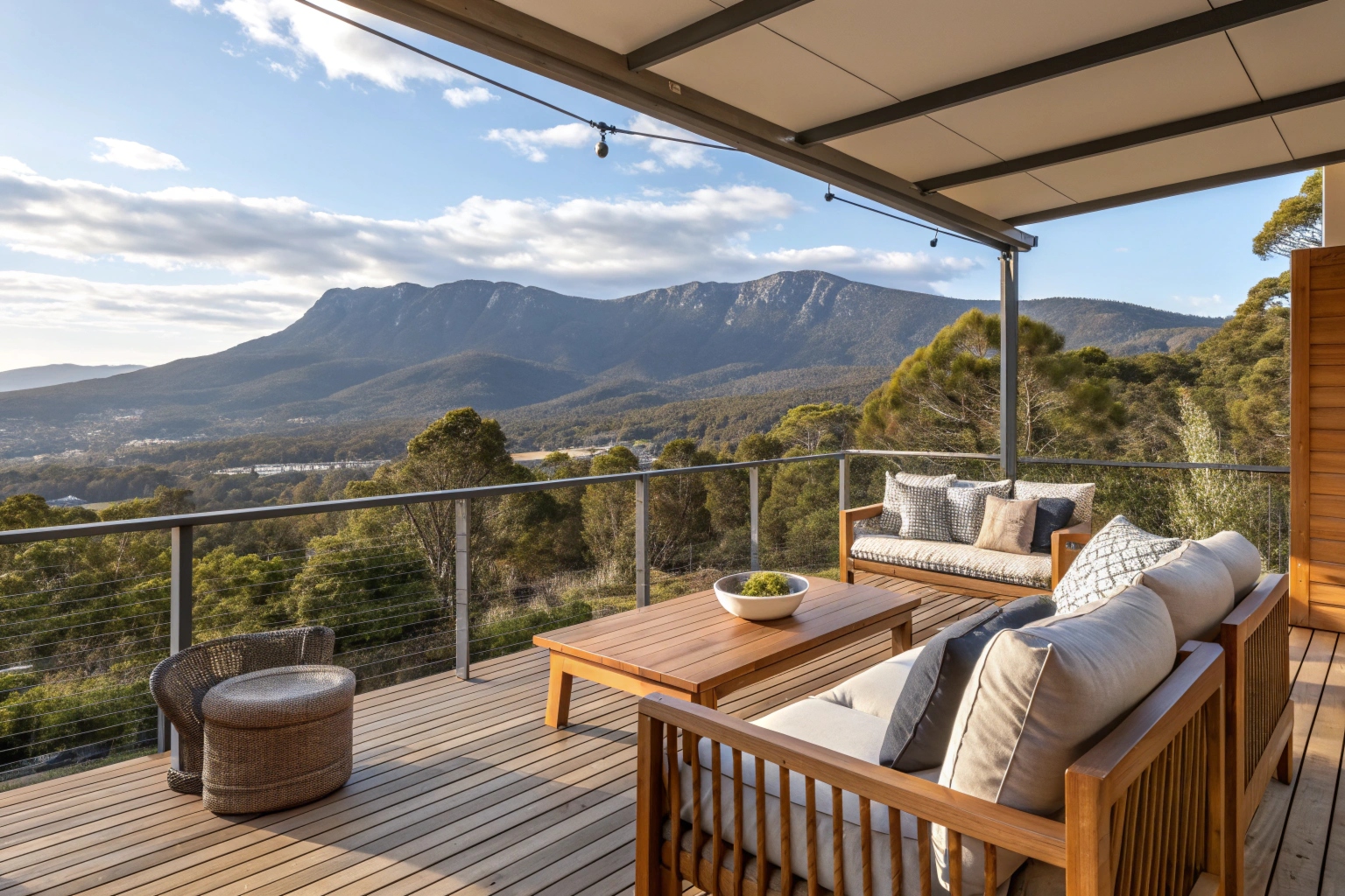 Elevated timber deck with comfortable outdoor furniture overlooking Mount Wellington in Hobart