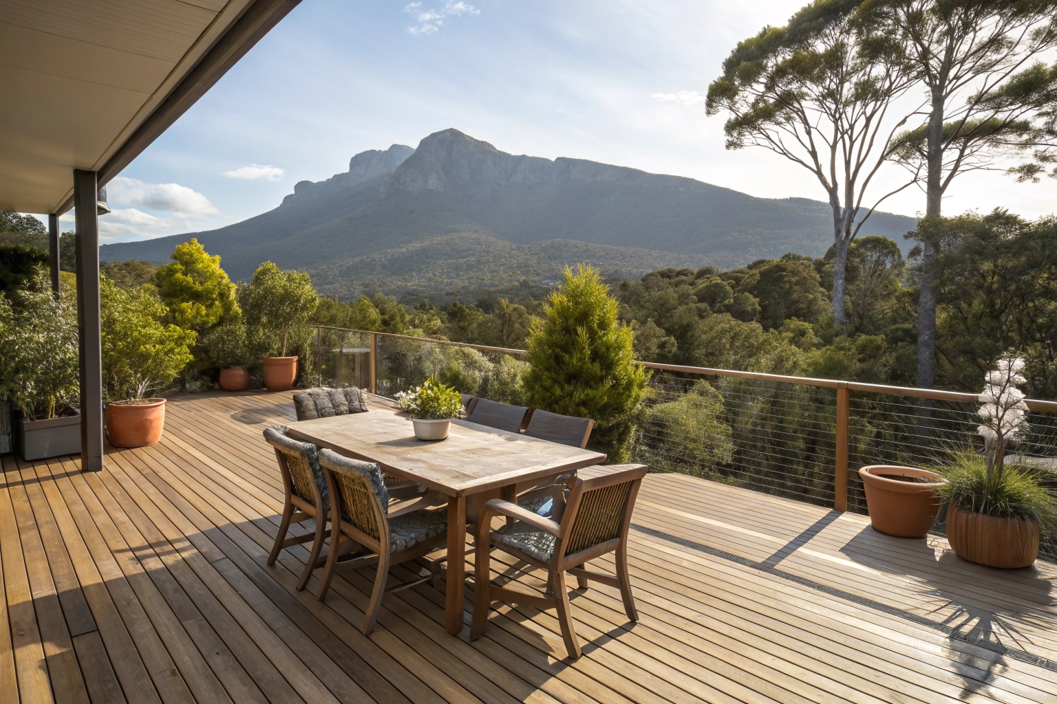 Elevated timber deck extension with outdoor dining setting