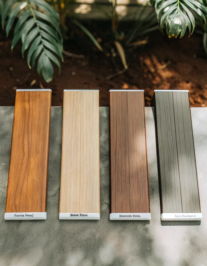 Four composite decking colour samples displayed upright in a garden bed