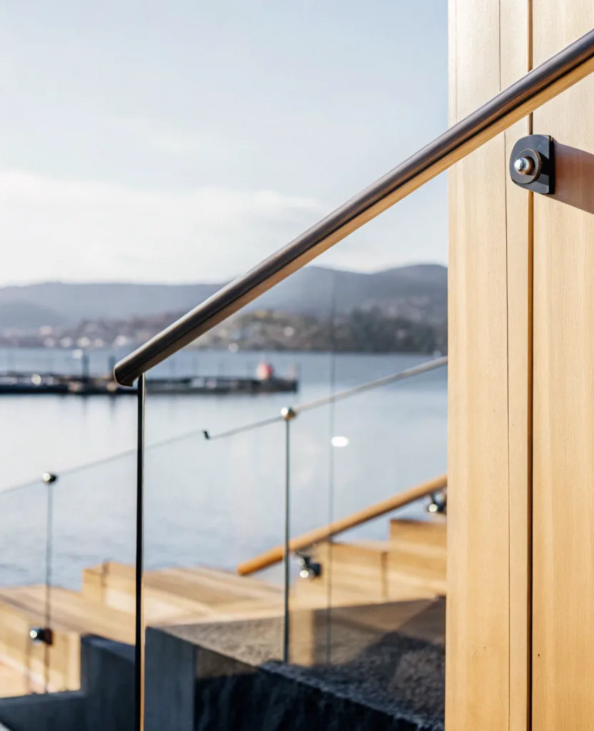 Frameless glass balustrade with timber handrail overlooking the water