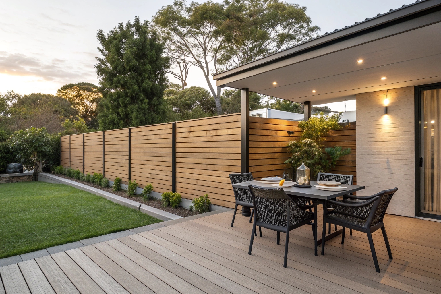 Horizontal board deck privacy wall creating private dining space in Hobart