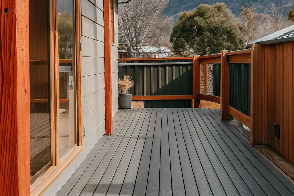 Grey composite deck with a timber-framed balustrade and mountain views