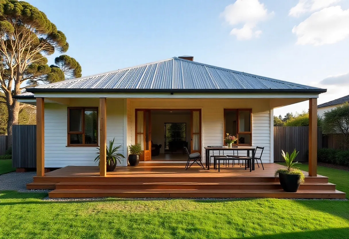 Covered timber patio with outdoor dining setting attached to a weatherboard home