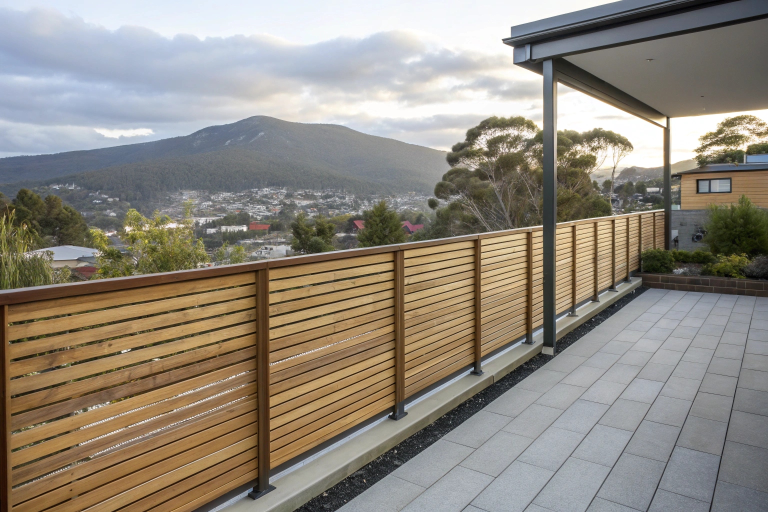 Modern timber privacy screen on Hobart deck with mountain views