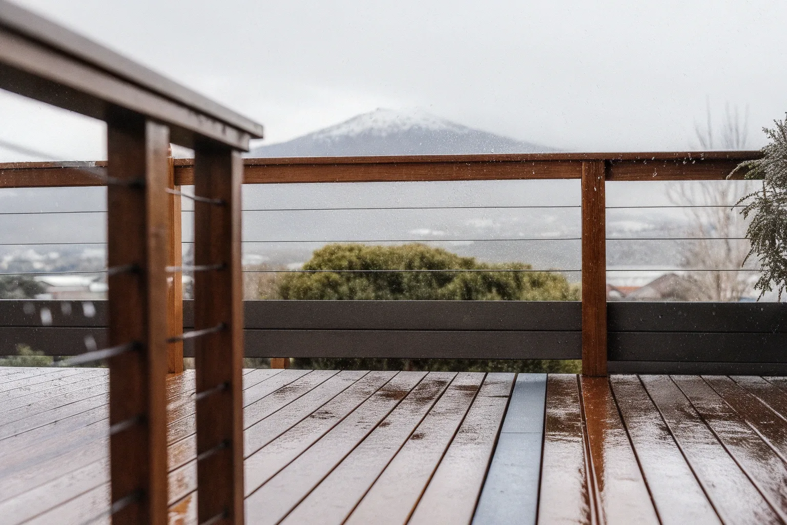 Wet composite deck with wire balustrade overlooking a snow-capped mountain in the rain