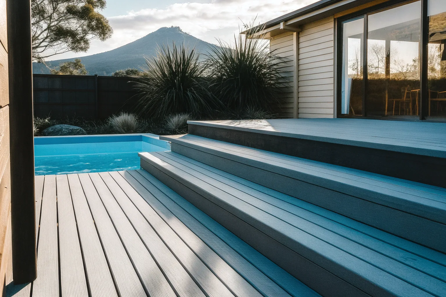 Grey composite deck with wide steps beside a pool, mountain in the background