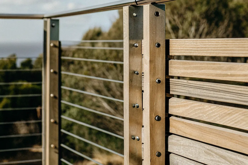 Sturdy timber privacy screen installed on an exposed hillside deck