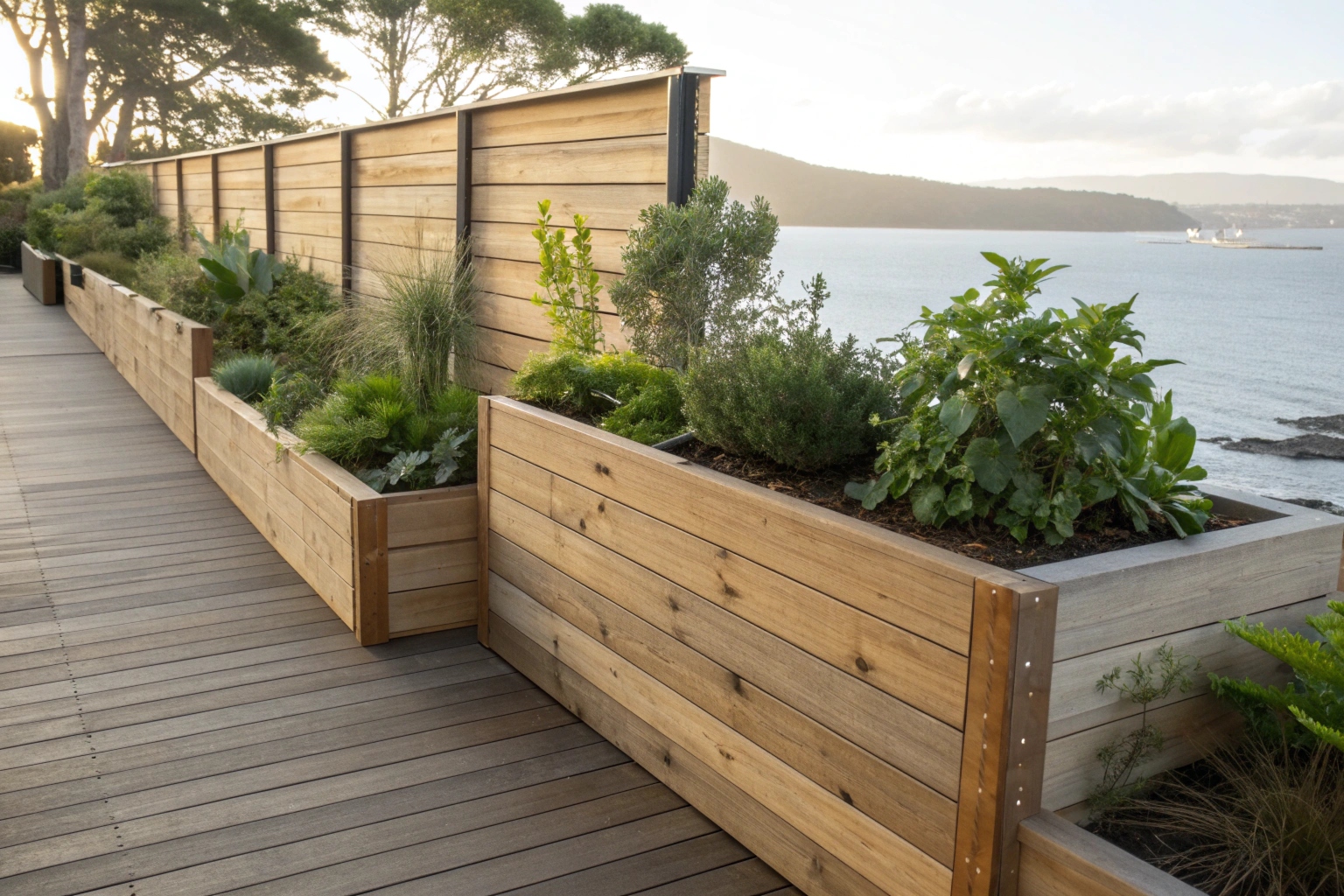 Timber deck privacy wall with integrated planter boxes, treated hardwood construction, professional carpentry detail