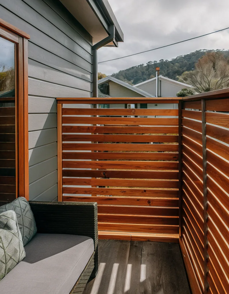 Timber horizontal slat privacy screen enclosing an elevated deck lounge area