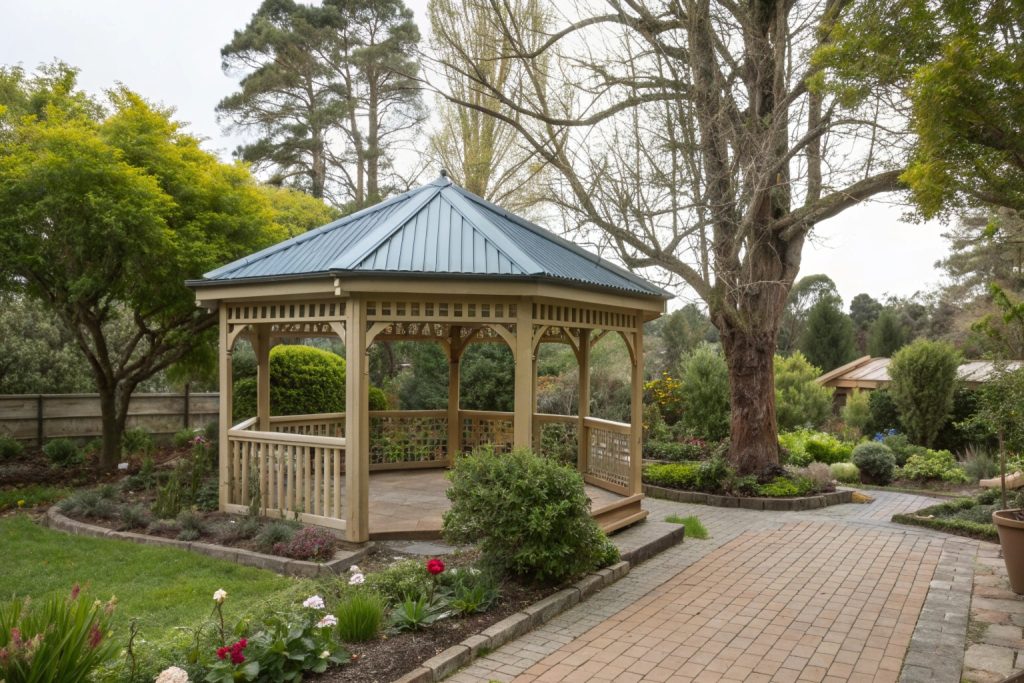 Custom timber gazebo built in Hobart backyard with garden surroundings