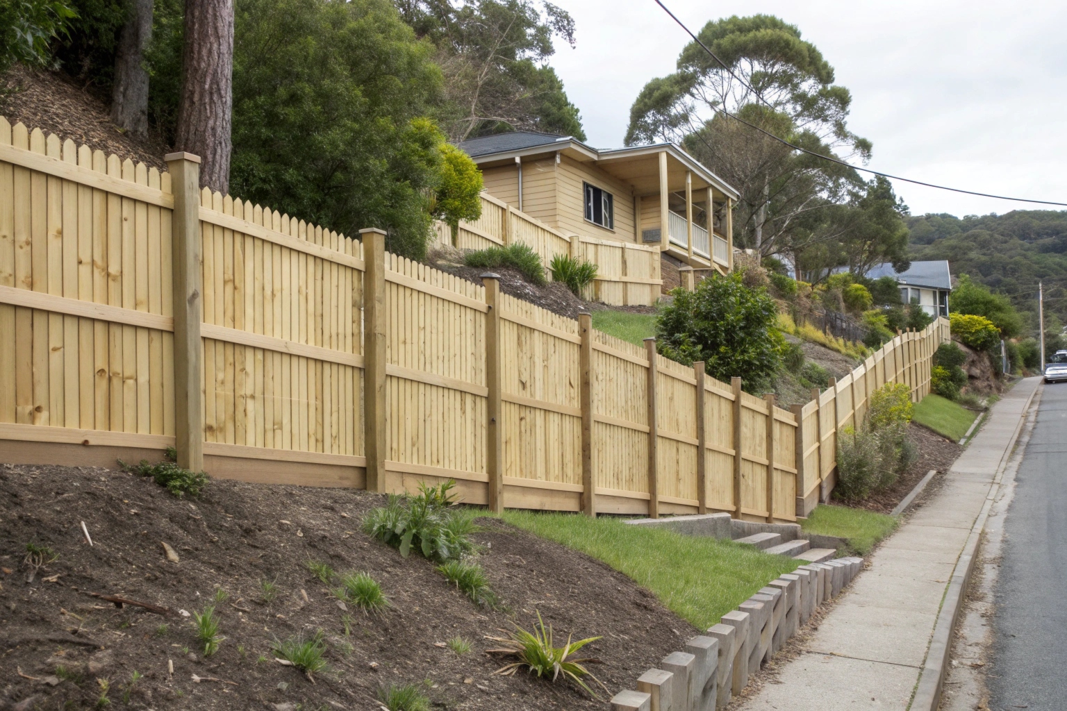 Traditional timber boundary fence on sloped Hobart property