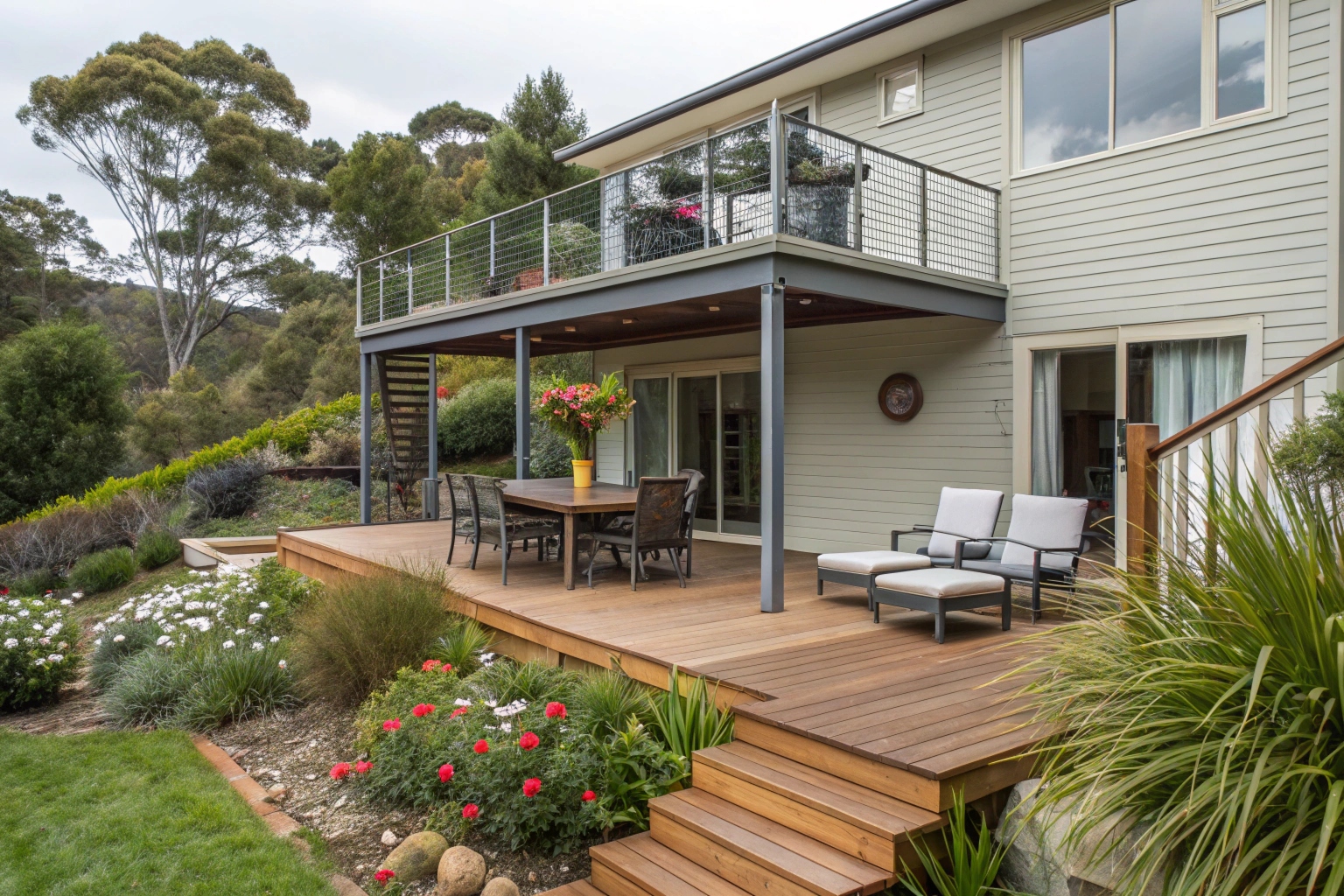 Two-tiered deck with dining area on the upper level