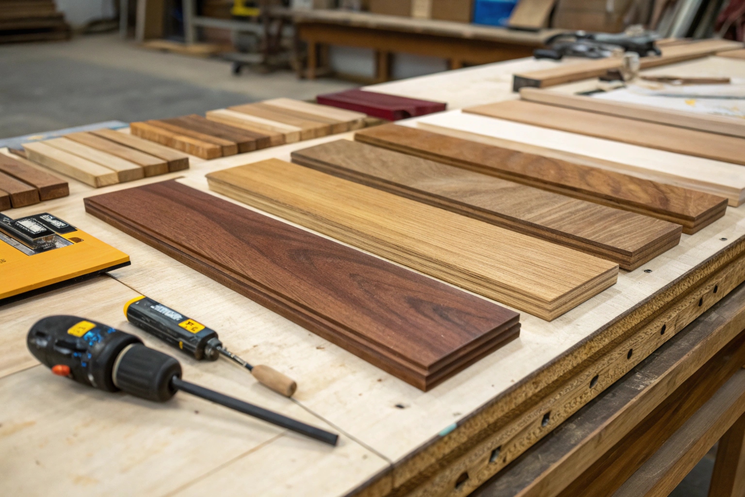 Various Australian hardwood timber samples laid out