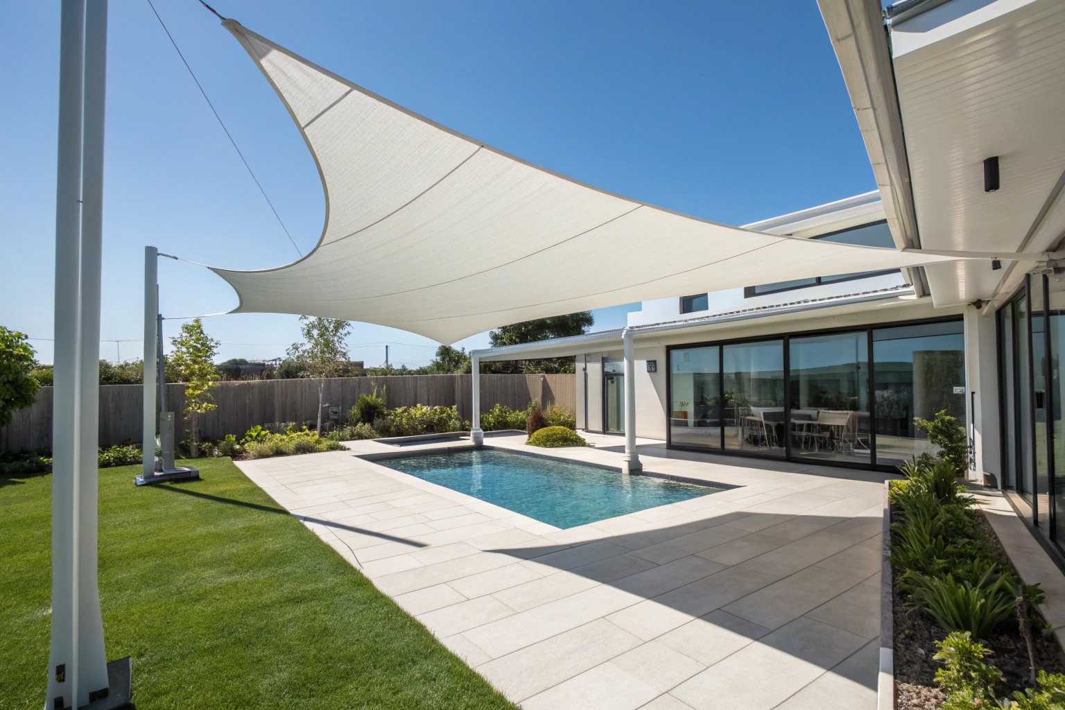 Shade sail UV protection over residential pool in Hobart