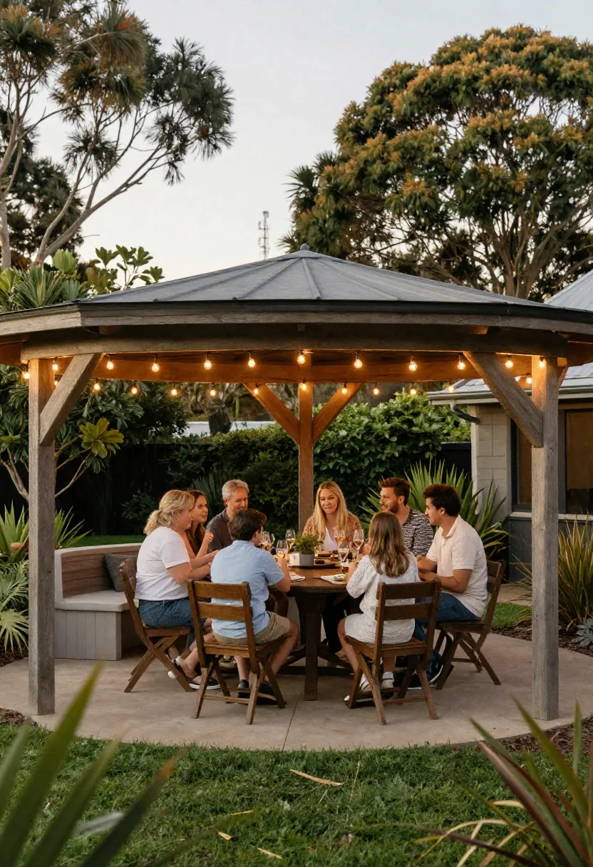 Family gathering under a large square timber gazebo