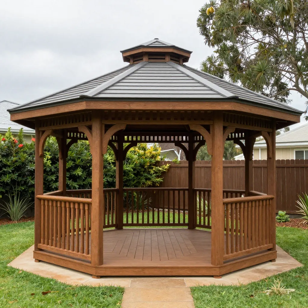 Timber gazebo with a curved dark tiled roof in a backyard garden