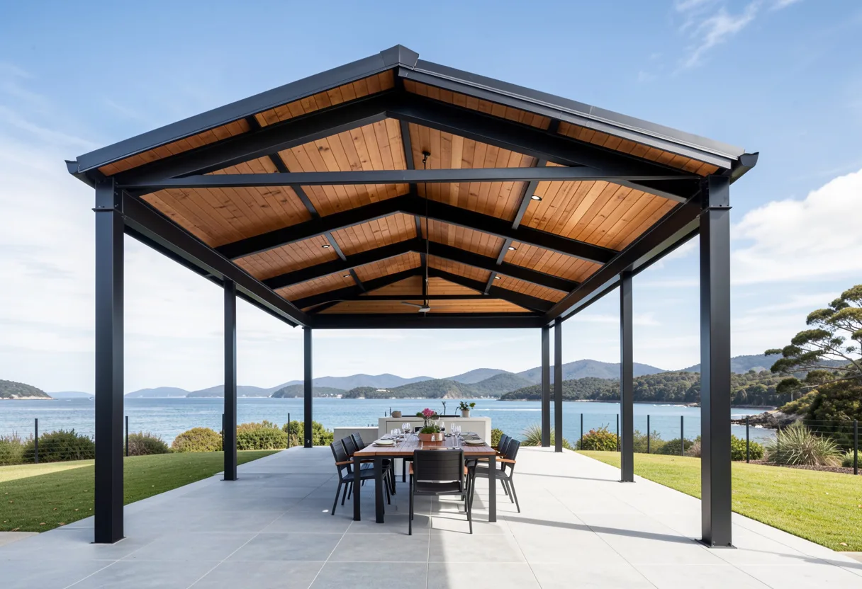 Modern steel-framed outdoor pavilion