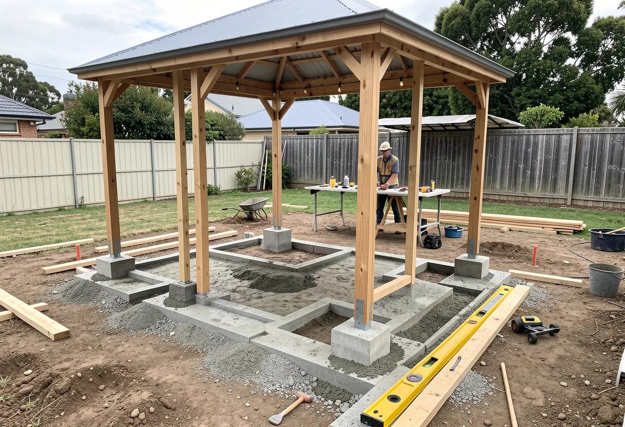 Construction site photograph showing gazebo installation in progress