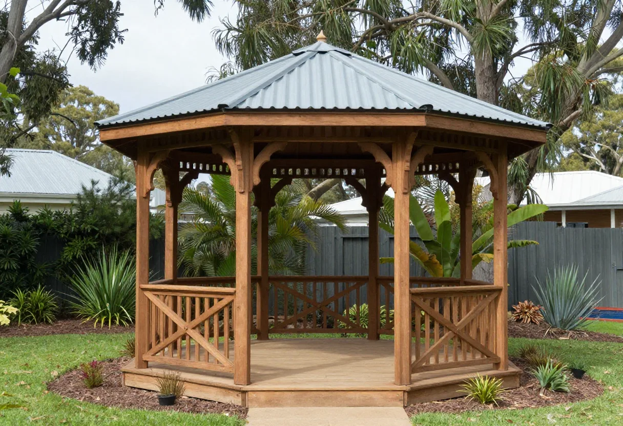 octagonal timber gazebo in a well-maintained Hobart garden